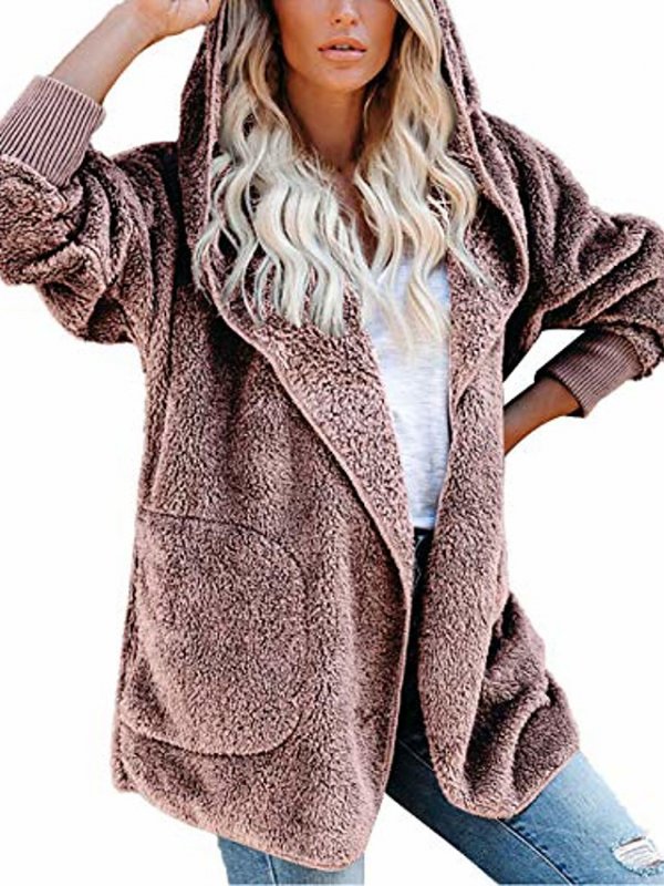 Women's Hooded Cardigan Winter Fuzzy Jacket Long Sleeve Open Front Shearling Fleece Coat Outwear With Pockets Pink