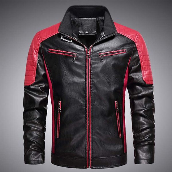 Men's Stand Collar Coat Long Solid Colored Daily Long Sleeve Leather Black Red Brown