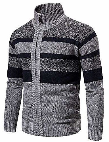 Mens Casual Slim Fit Cardigan Stripe Sweater Long Sleeve Turtleneck Knitted Pullover Zipper Closure Gray