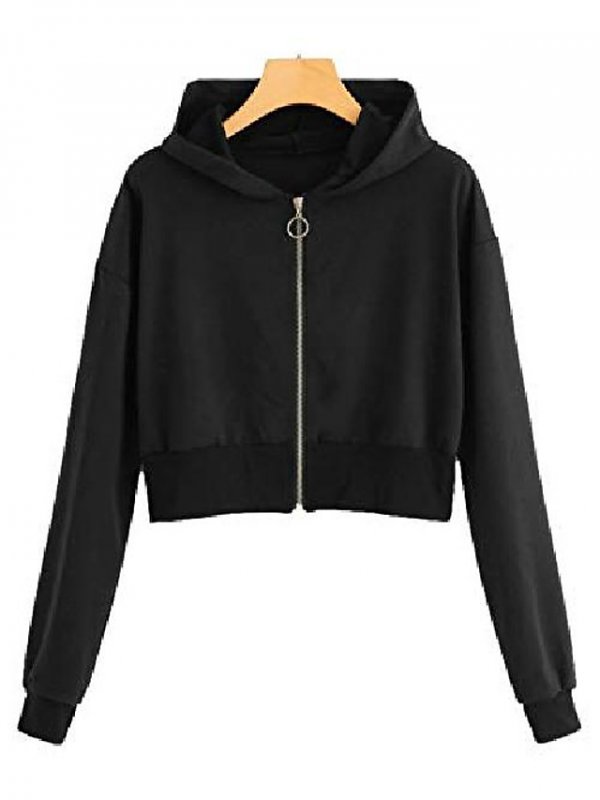 Women's Casual Zip Up Long Sleeve Crop Hooded Jacket Outwear Black Small