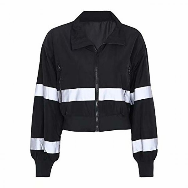 Women's Reflective Stripe Zipper Up Long Sleeve Short Bomber Jacket