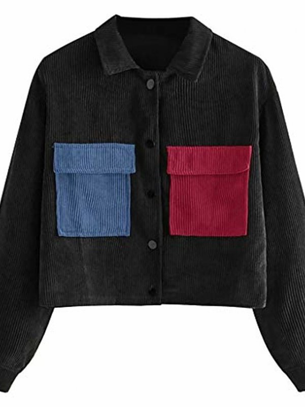 Women's Fashion Corduroy Jacket Long Sleeve Contrast Panel Button Front Corduroy Jacket With Patchwork Pockets