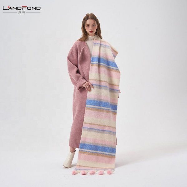 Landfond accessory Winter warm women's fresh and simple color contrast striped hanging hairball scarf