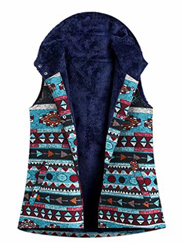 Winter Spring Women Vintage Warm Vest Simply Printed Sleeveless Pockets Thicker Hasp Hooded Vest Coat